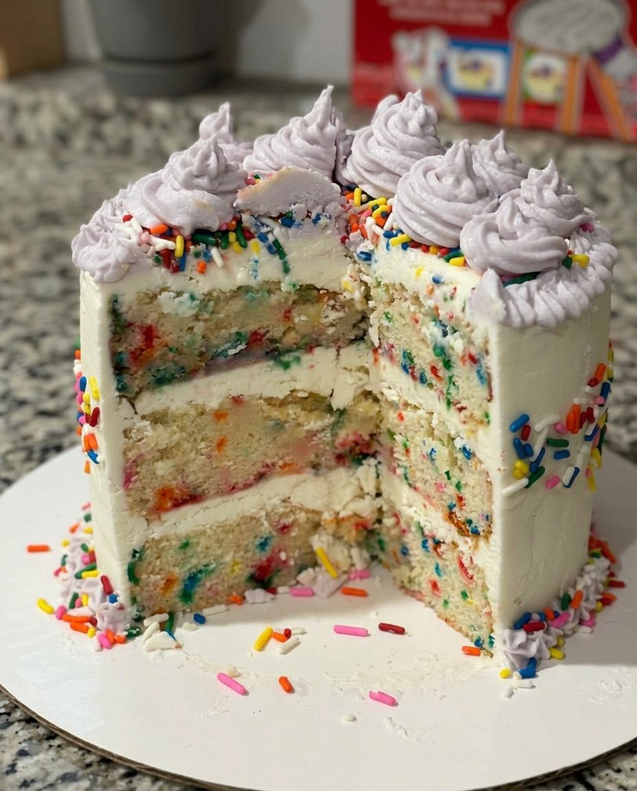A close up of an offset spatula smoothing vanilla buttercream on a cake