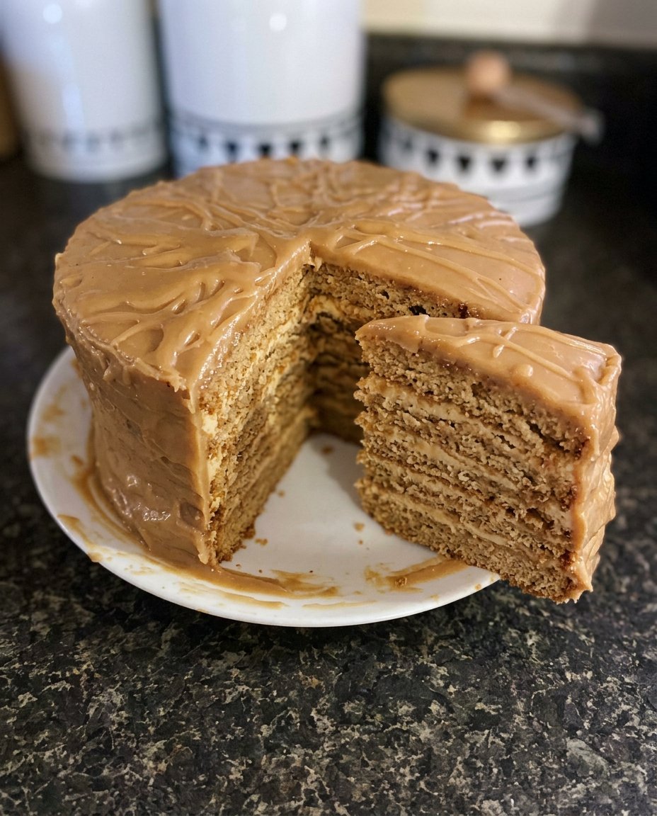 Glossy caramel frosting being stirred in a heavy saucepan