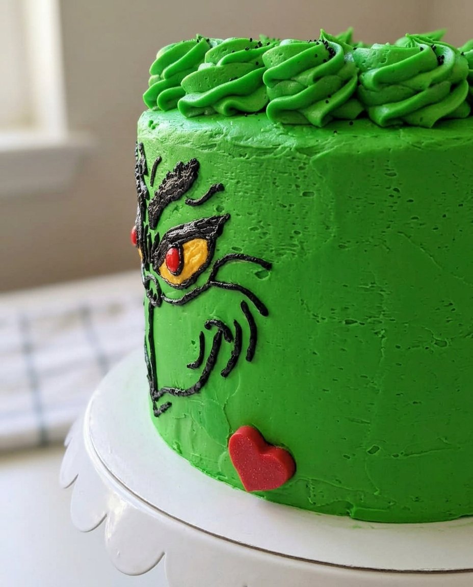 Grinch Cake 13 A pastry chef smoothing green buttercream on a tall layer cake with an offset spatula
