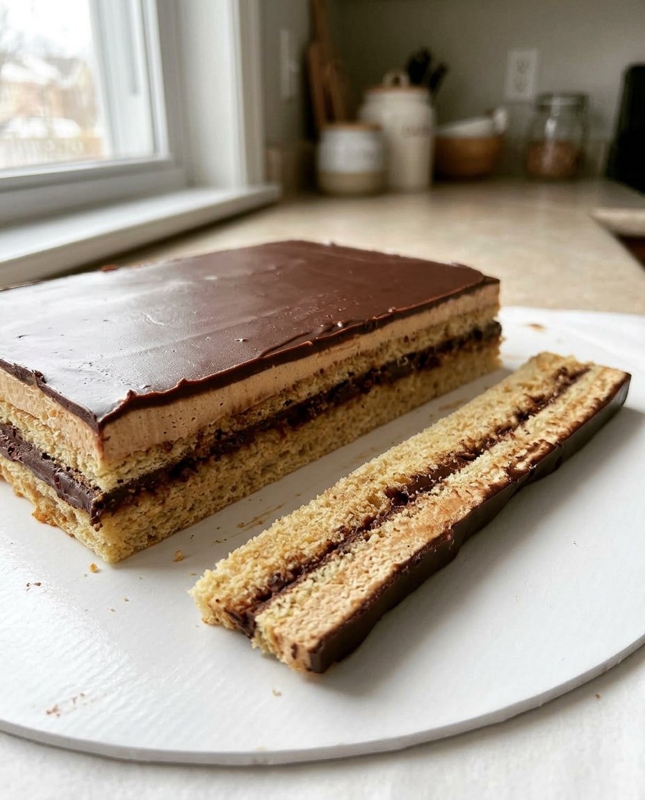 Opera Cake 13 Hand spreading coffee buttercream over a thin layer of almond sponge