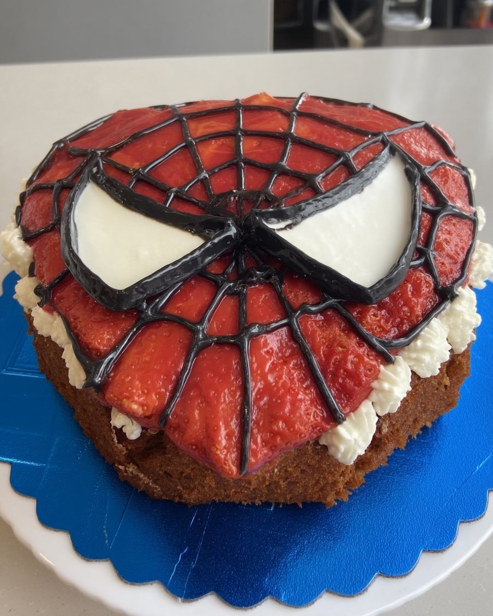 Cake Spiderman 12 A flat lay of chocolate cake, blue, red, black, and white fondant with a bowl of frosting.