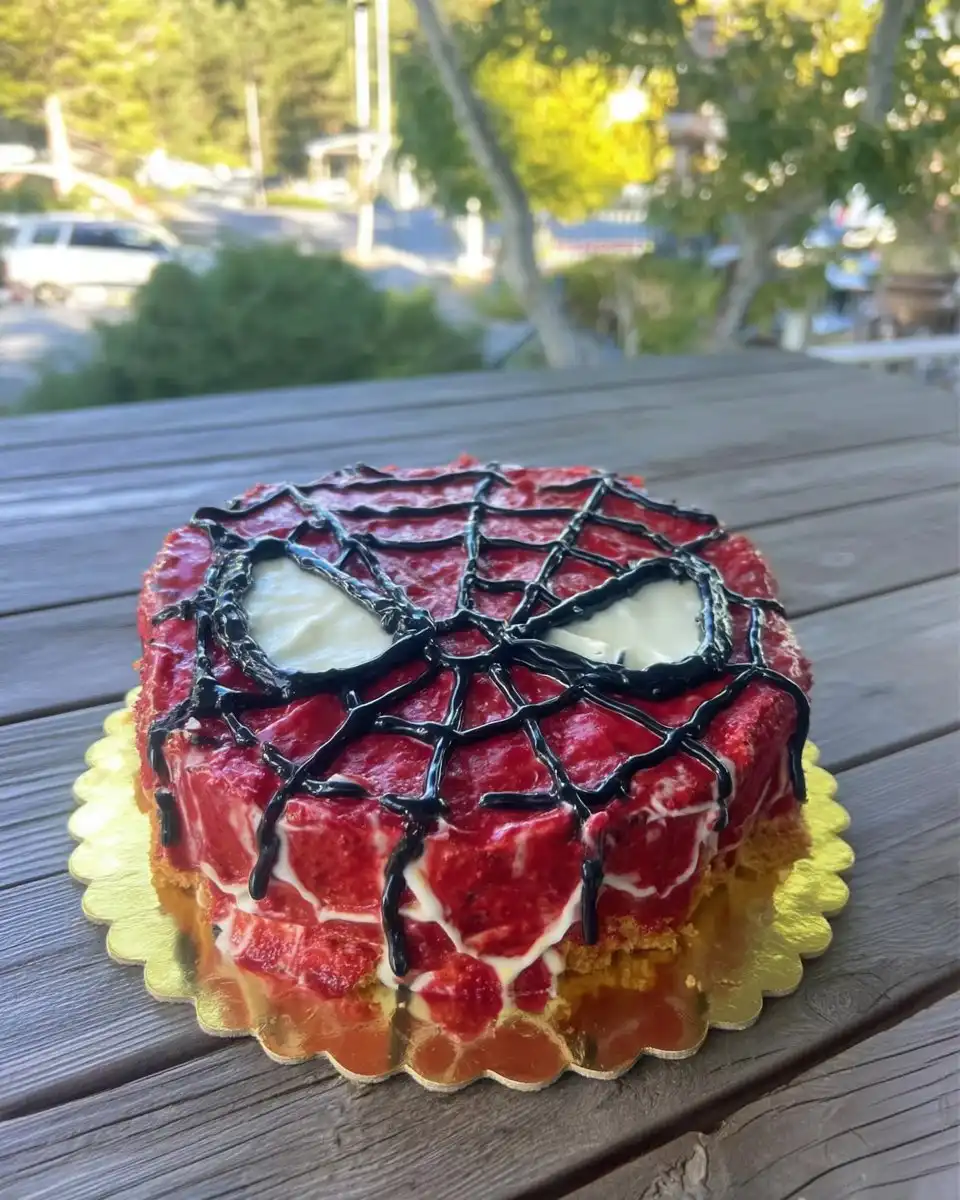 A slice of chocolate Spiderman cake on a plate showing the moist interior.