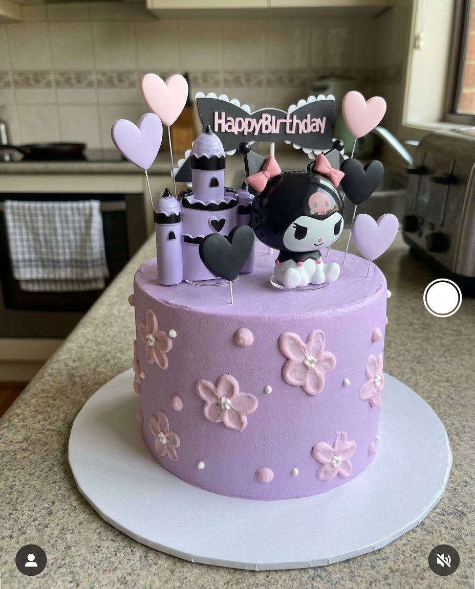 Kuromi Cake Design 12 Ingredients for a light sponge cake including eggs, sugar, and flour.