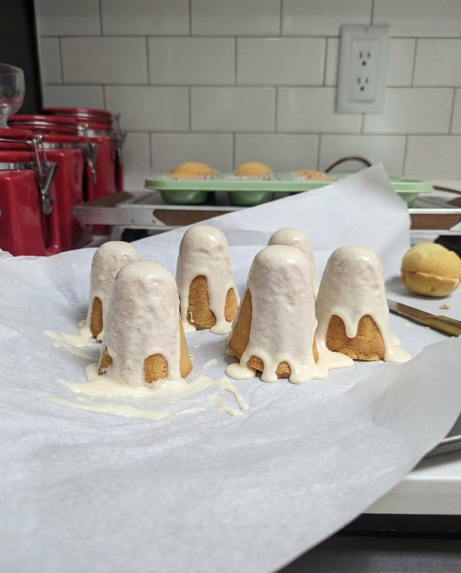 A sliced ghost cake showing the rich interior crumb