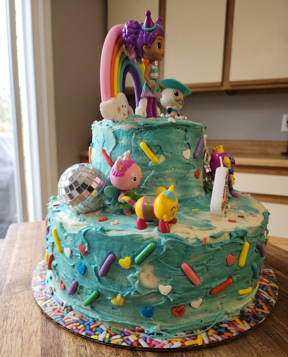 A hand using a spatula to spread white frosting onto a golden cake layer