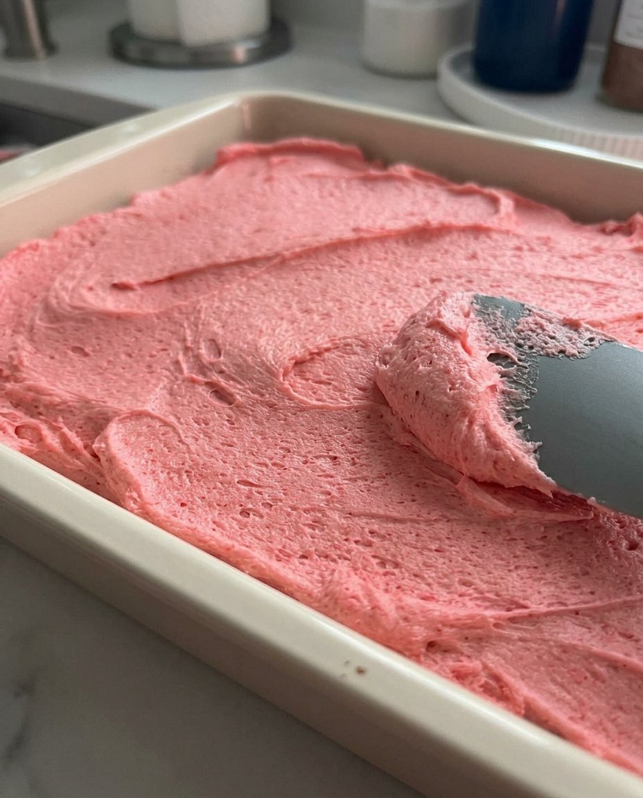 Someone spreading thick white frosting over a pink-soaked cake
