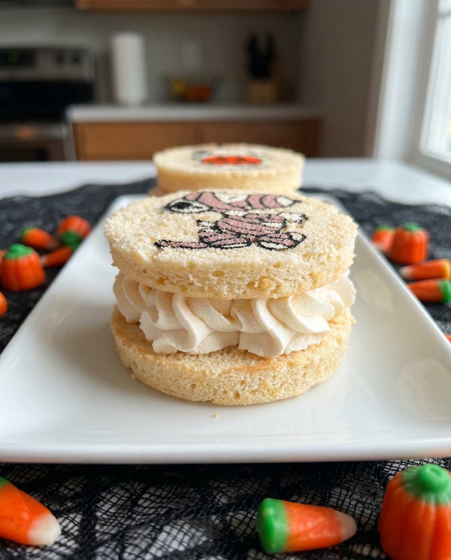 Two layers of designed sponge cake stacked with fluffy whipped cream