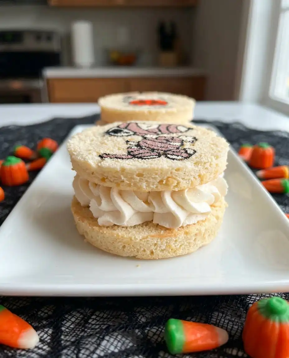 Two layers of designed sponge cake stacked with fluffy whipped cream