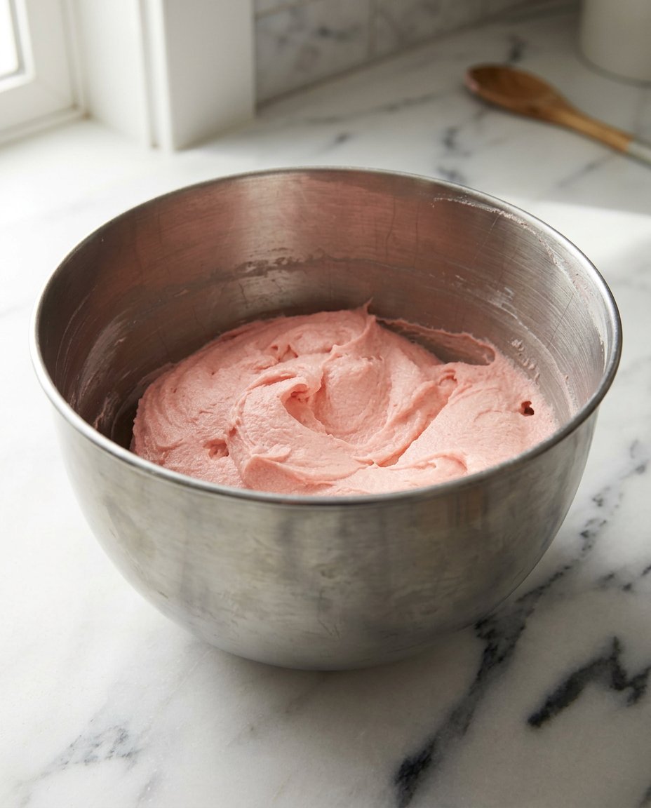 Strawberry cake batter in a round pan topped with halved strawberries before baking.