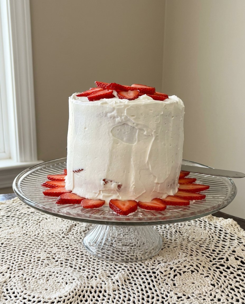 A slice of strawberry cake on a vintage floral china plate with a silver fork.