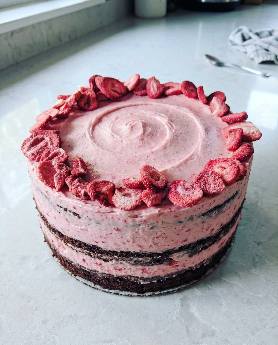 Strawberry Chocolate Cake 14 A slice of strawberry cake on a vintage floral china plate