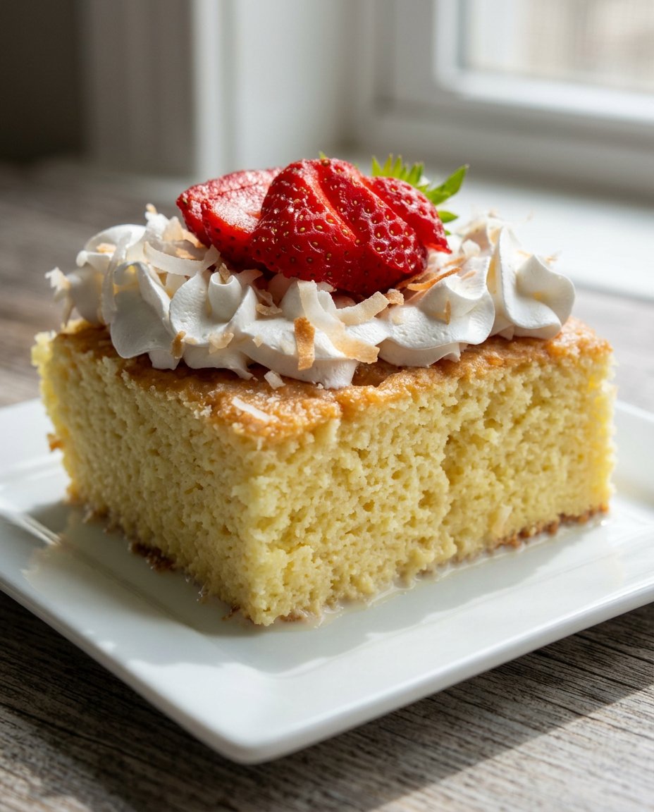A single slice of pink-tinted tres leches cake on a decorative floral plate.