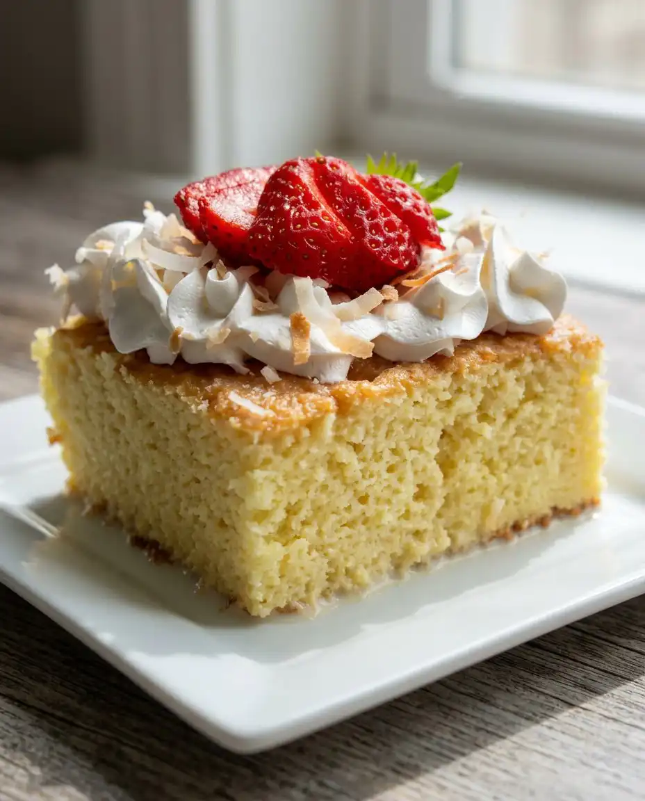 A single slice of pink-tinted tres leches cake on a decorative floral plate.