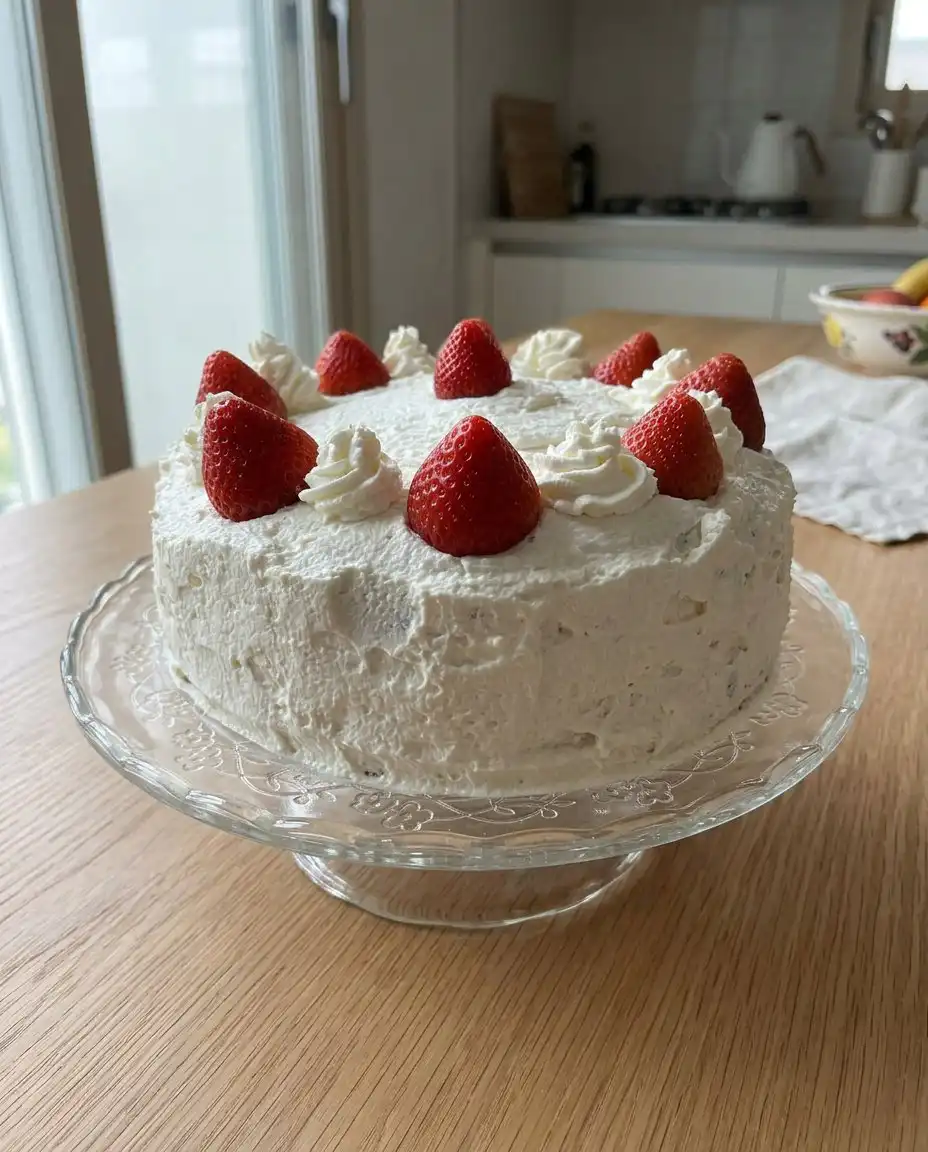 The finished strawberry vanilla cake sitting on a wooden stand next to a steaming cup of tea.