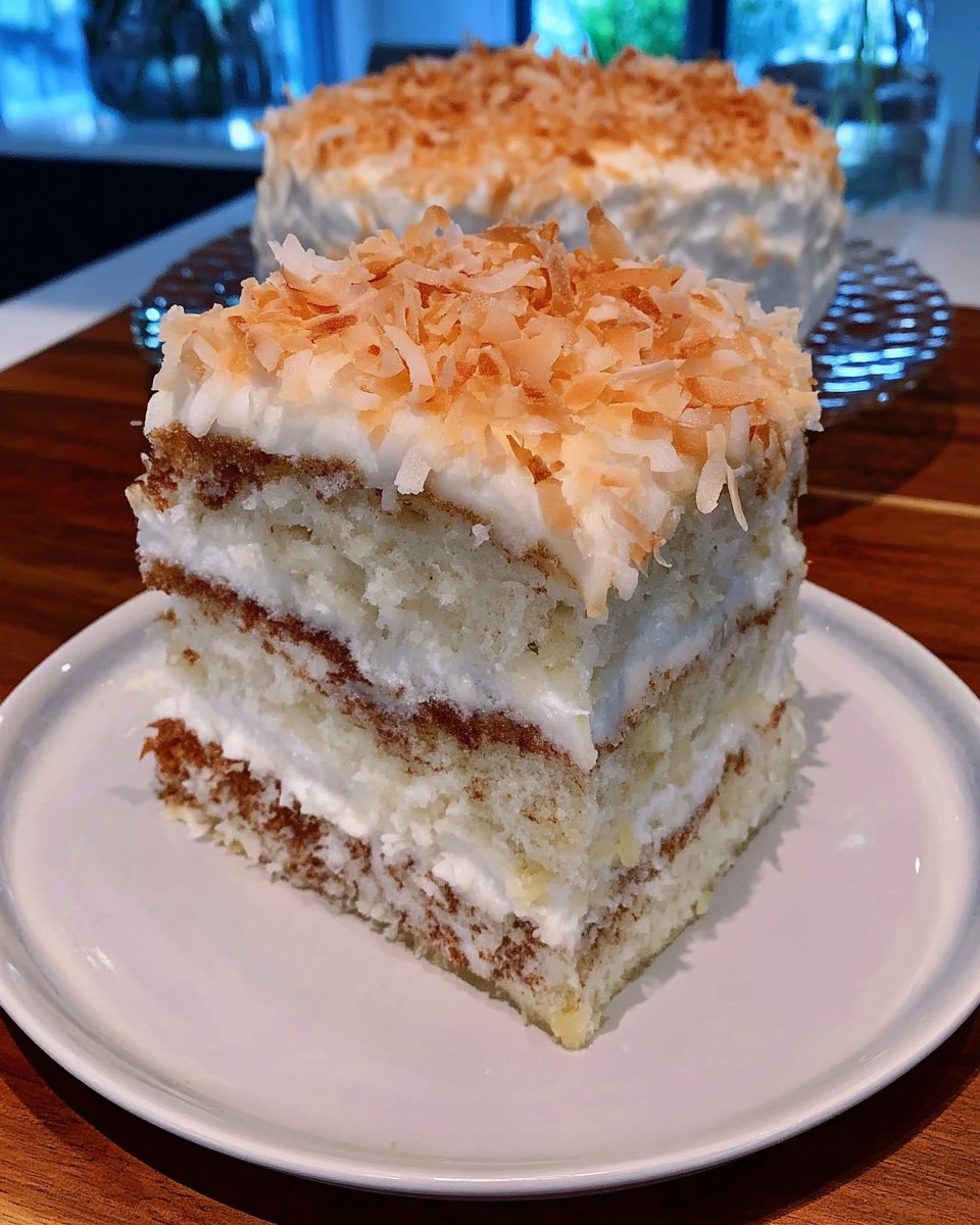 A close up shot of three white coconut cake layers with a tender crumb