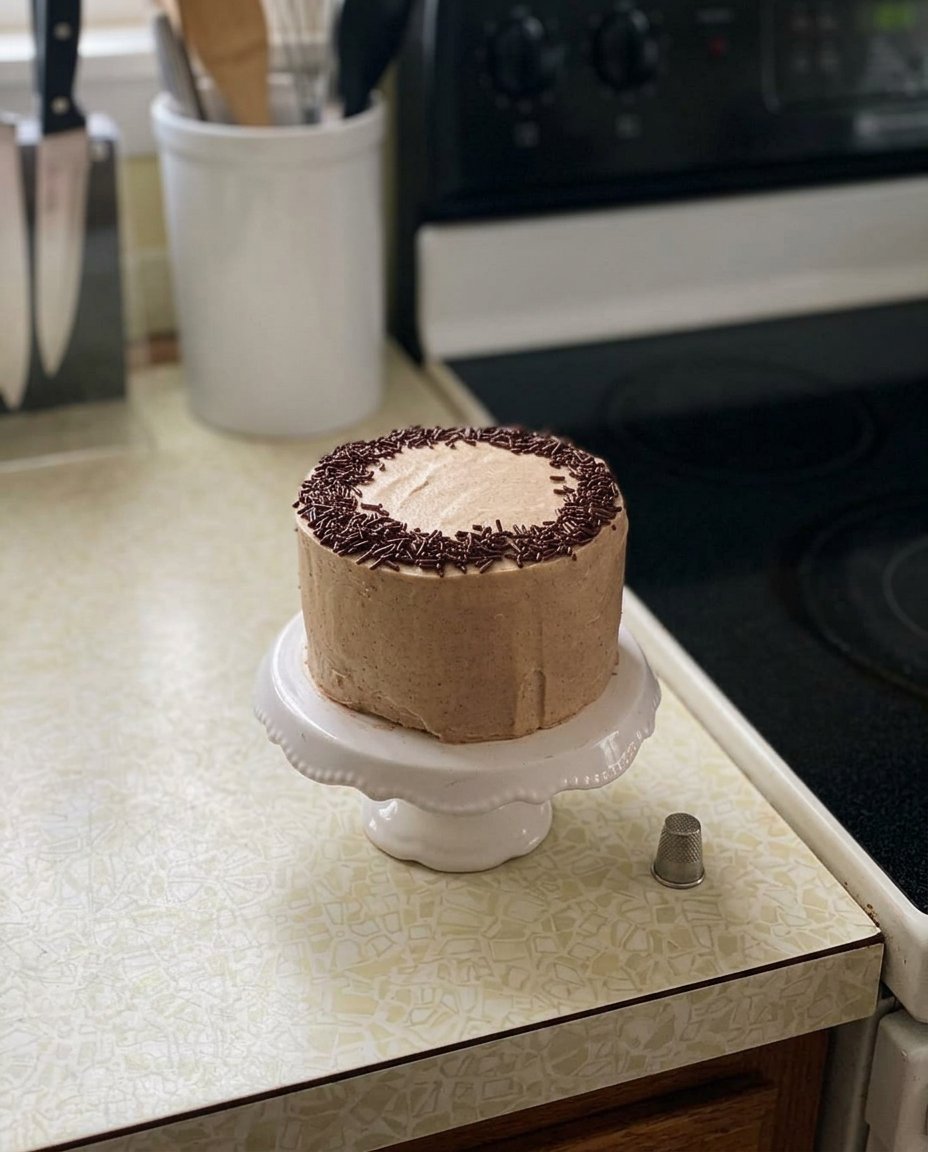 A perfectly baked small cake with a golden brown top on a wire rack.