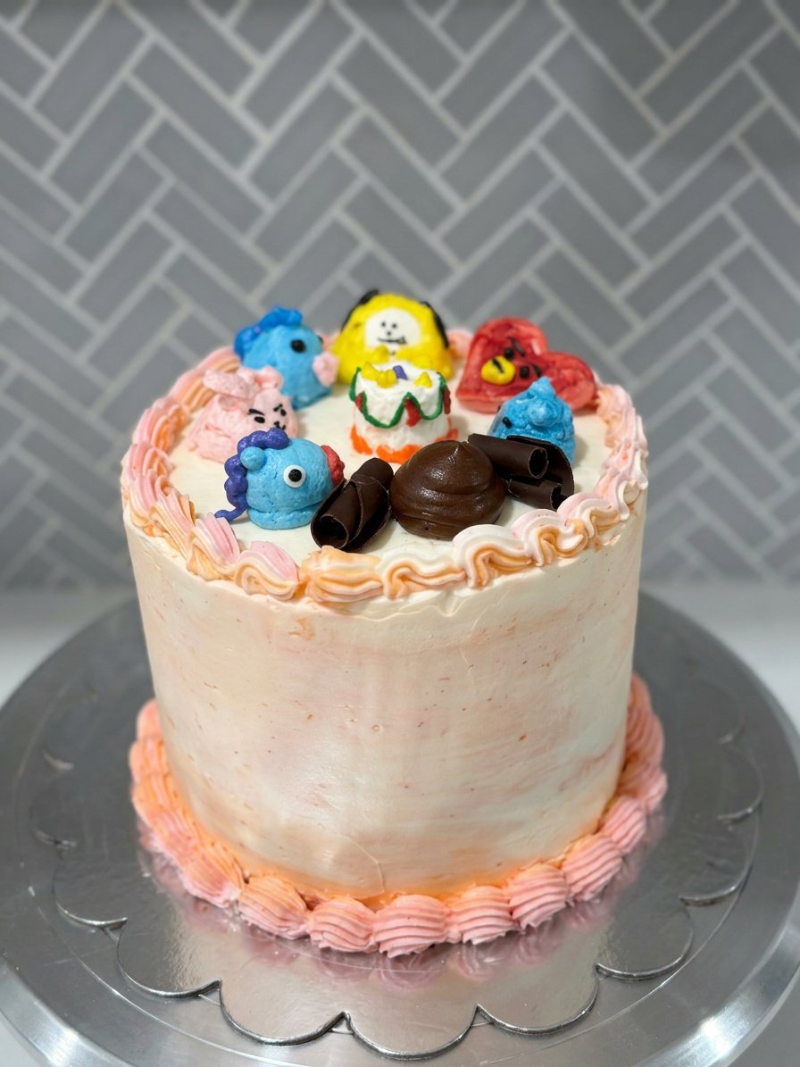 A three-layer vanilla cake with purple buttercream frosting and sprinkles inspired by BTS