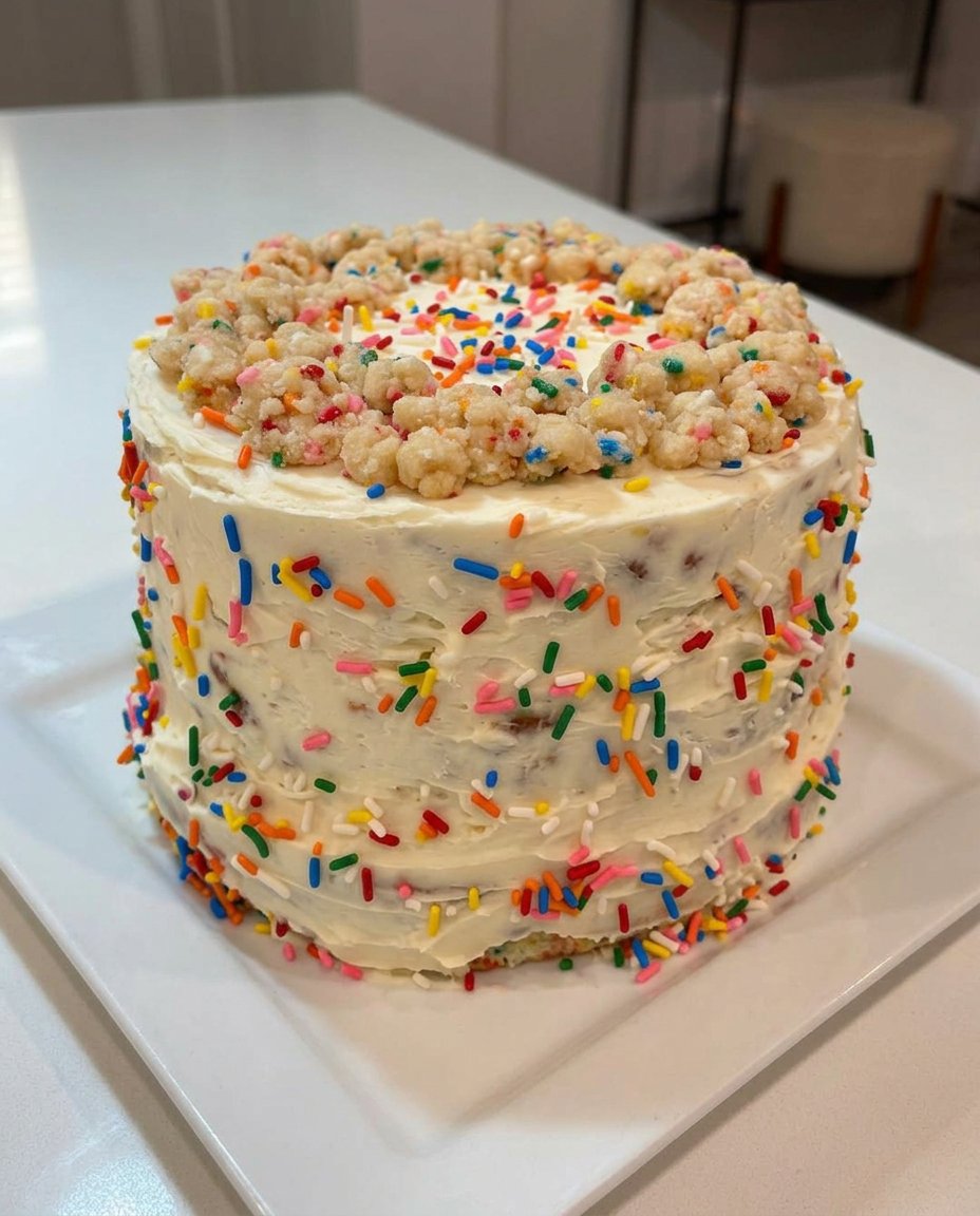 Two golden brown funfetti cake layers resting on a wire cooling rack