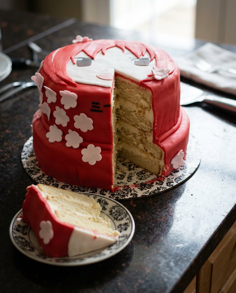 A bright yellow lemon cake with black frosting outlines making it look like a 2D drawing