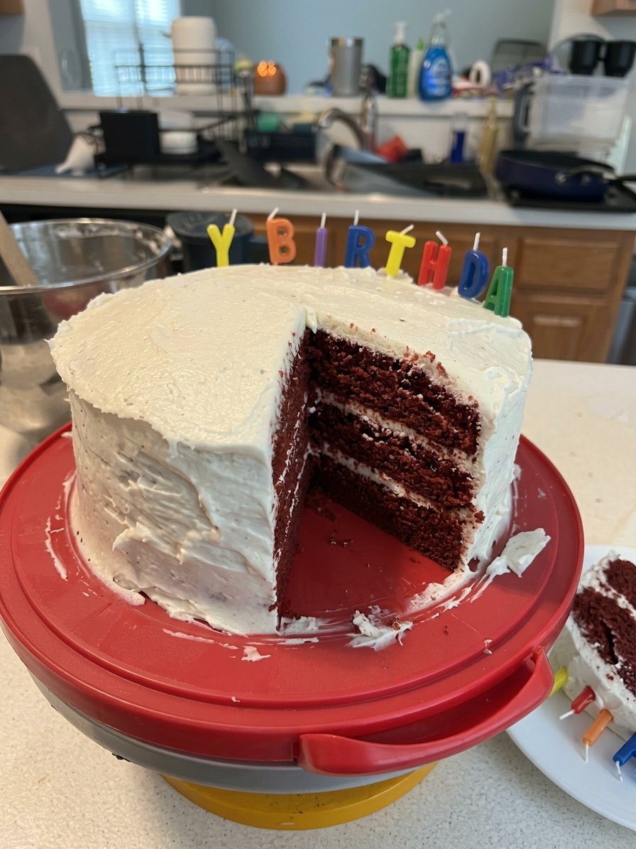 Red Cake 10 A close up shot of a sliced red cake with thick cream cheese frosting and pecan garnish