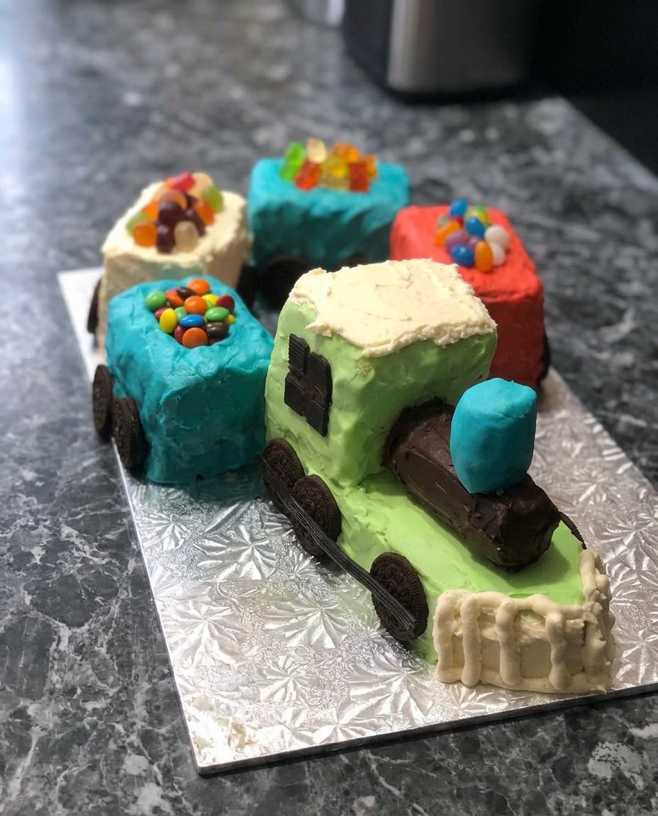 A vibrant and detailed train cake with bright gel icing and meringue steam clouds