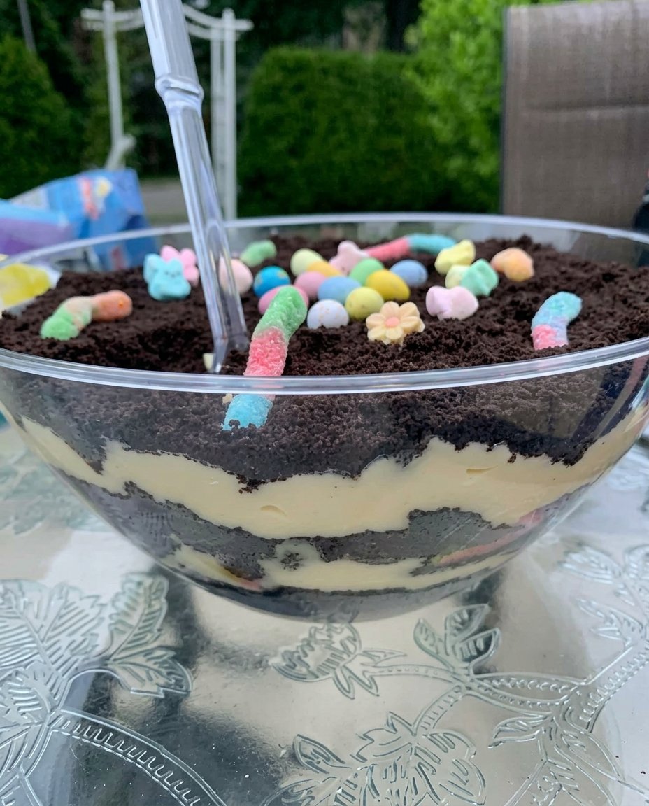 A 9x13 pan of Easter Dirt Cake with white chocolate layers and colorful Peeps on top