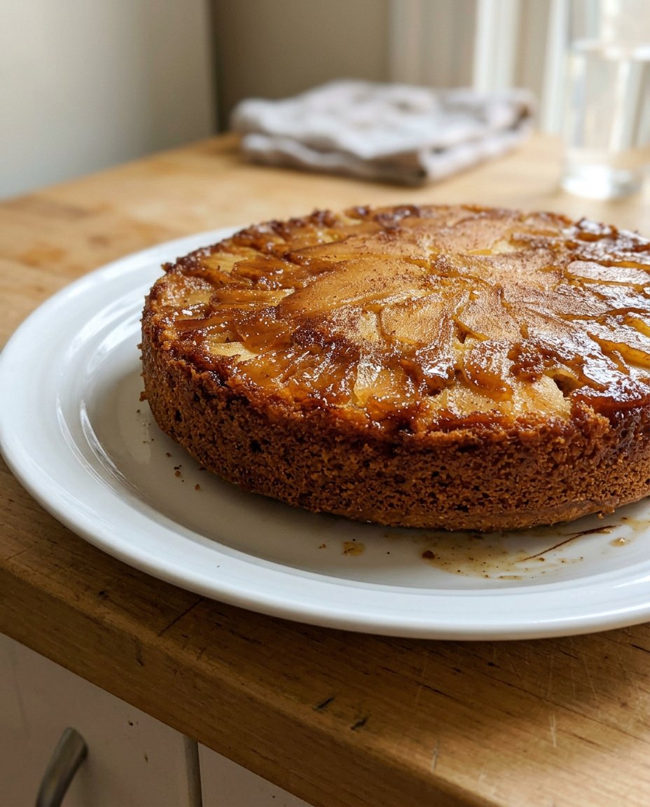 A golden brown apple spice cake in a 9 by 13 glass baking dish with powdered sugar dusting