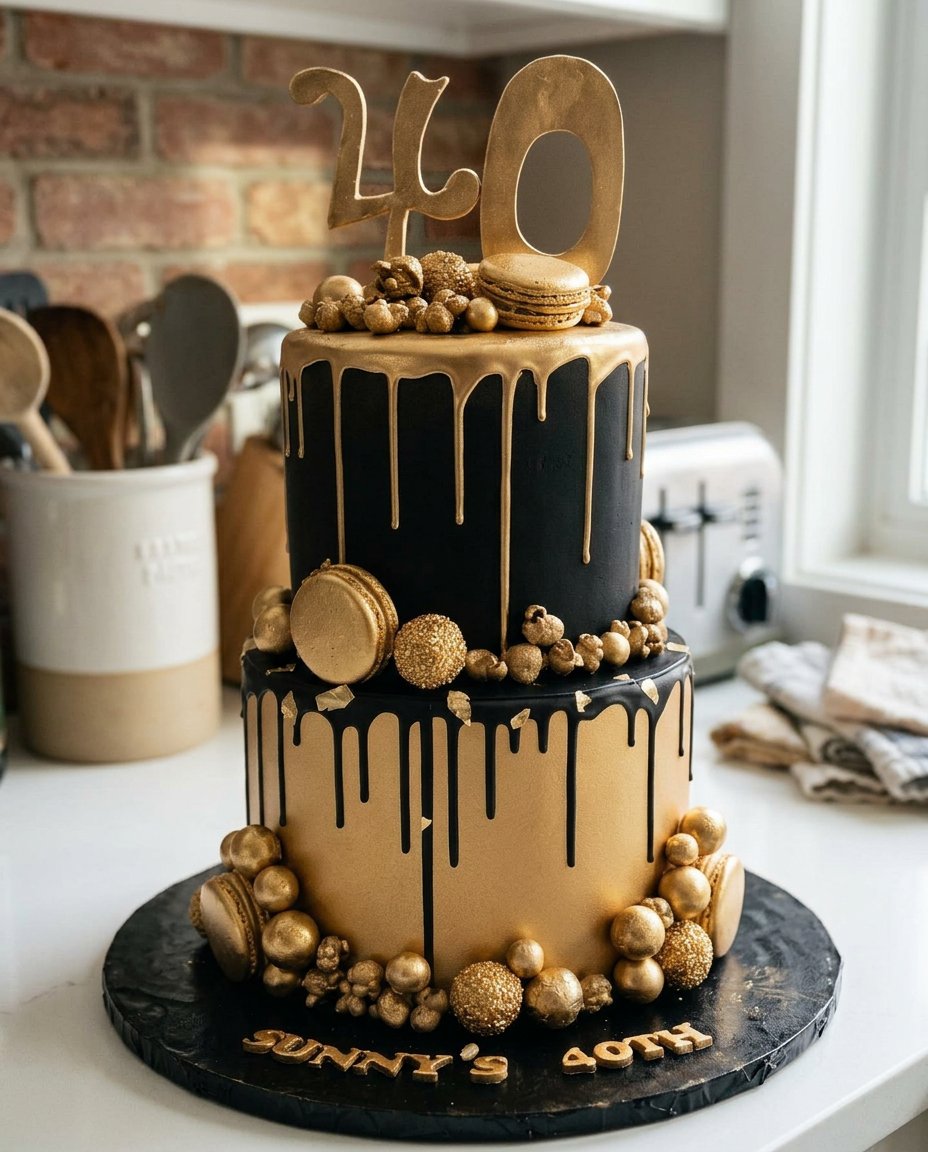 A stunning four layer black and gold cake with gold drips and hidden candy center