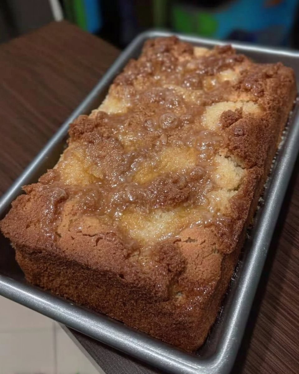 A golden slice of ooey gooey butter cake resting on a vintage lace tablecloth