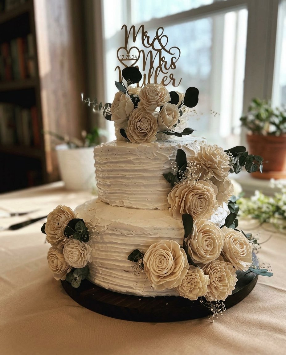 A white vintage cake decorated with delicate fresh flowers on a wooden table