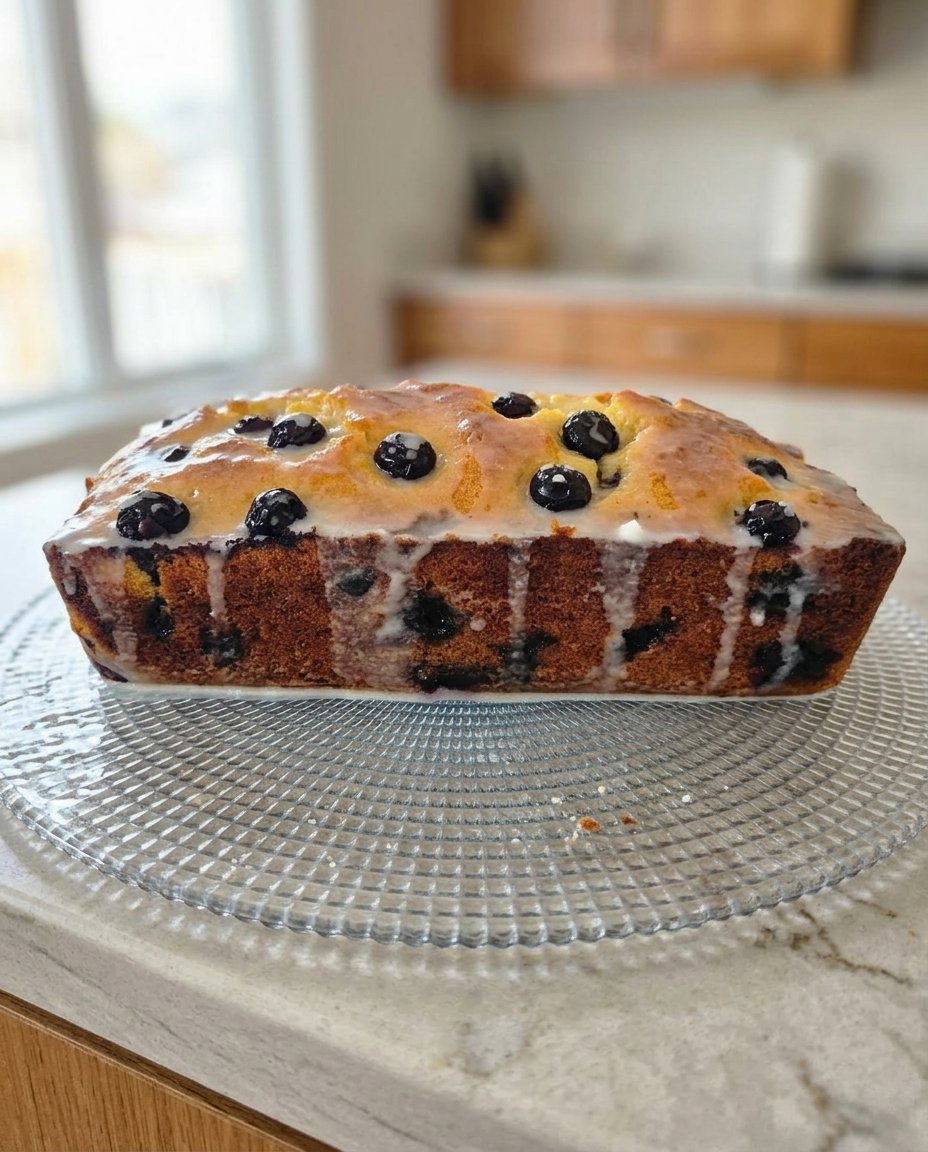 A three-layer lemon blueberry cake with cream cheese frosting on a vintage plate.