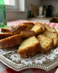 A golden lemon drizzle loaf cake on a vintage floral china plate