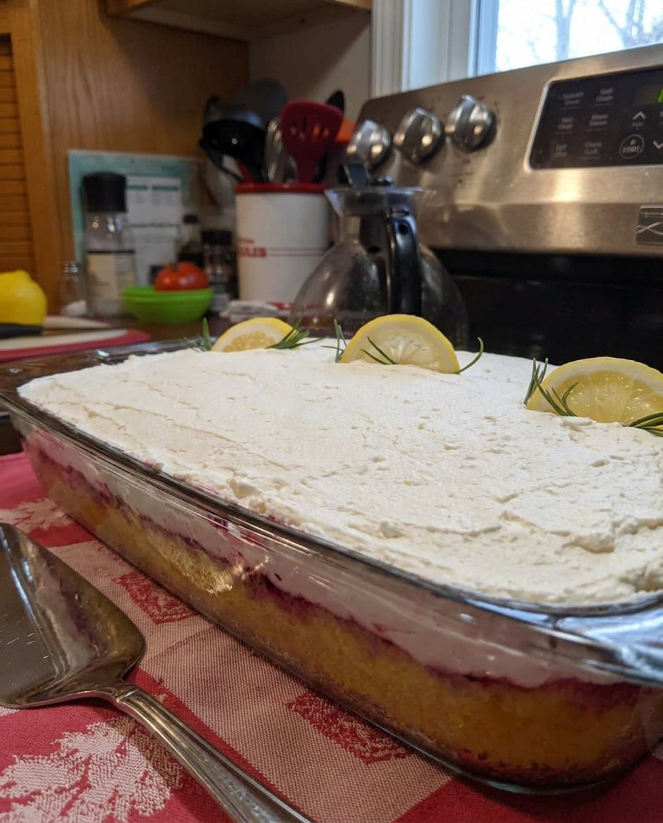 A square slice of Lemon Poke Cake 3 on a vintage floral plate with a silver fork