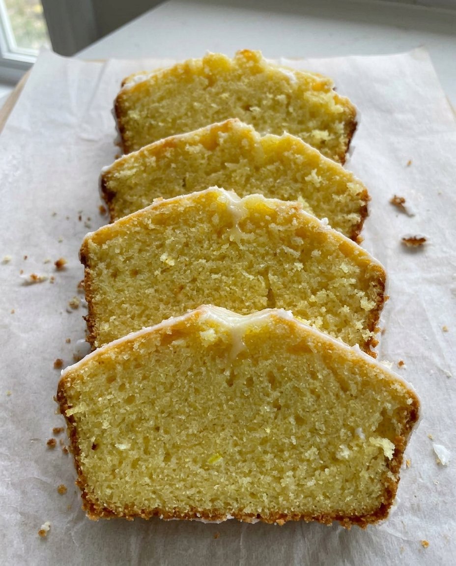 A golden lemon pound cake with white icing on a rustic wooden board