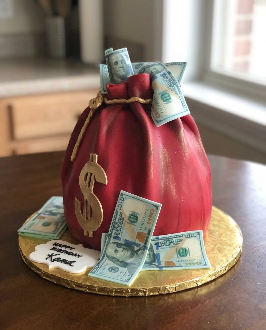 A chocolate cake with peanut butter frosting being pulled to reveal a roll of money