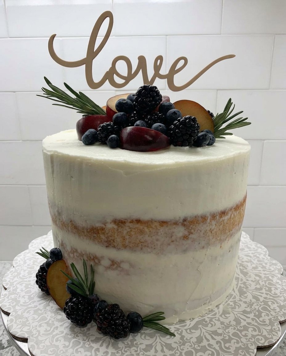 A simple nude cake on a rustic wooden stand with a light dusting of sugar