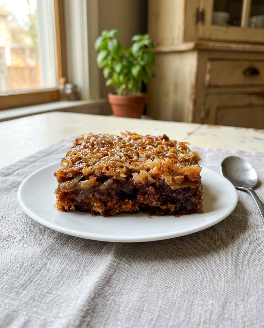 A close up shot of a vintage oatmeal cake with a golden coconut and nut topping on a cooling rack.