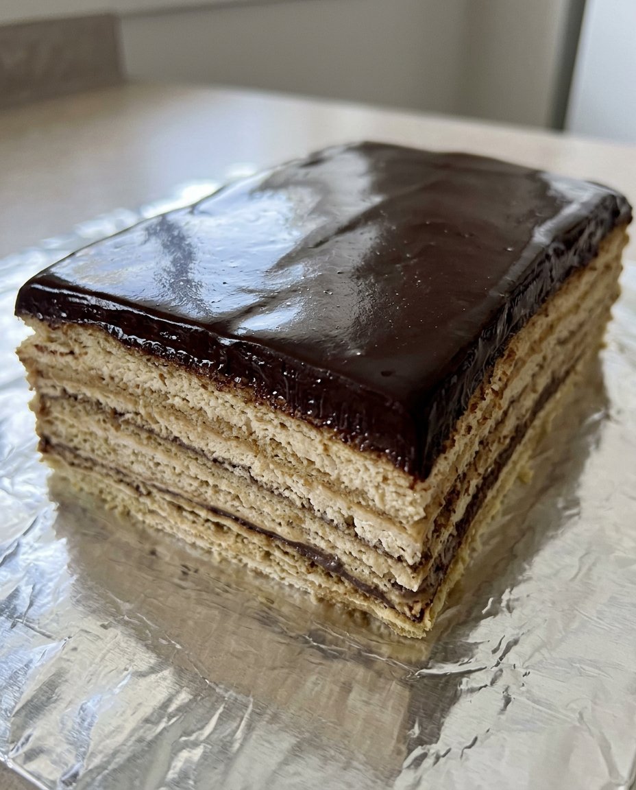 A sliced piece of Opera cake on a vintage plate over a lace tablecloth