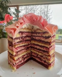 A heart shaped rose cake decorated with fresh pink petals on a vintage lace tablecloth