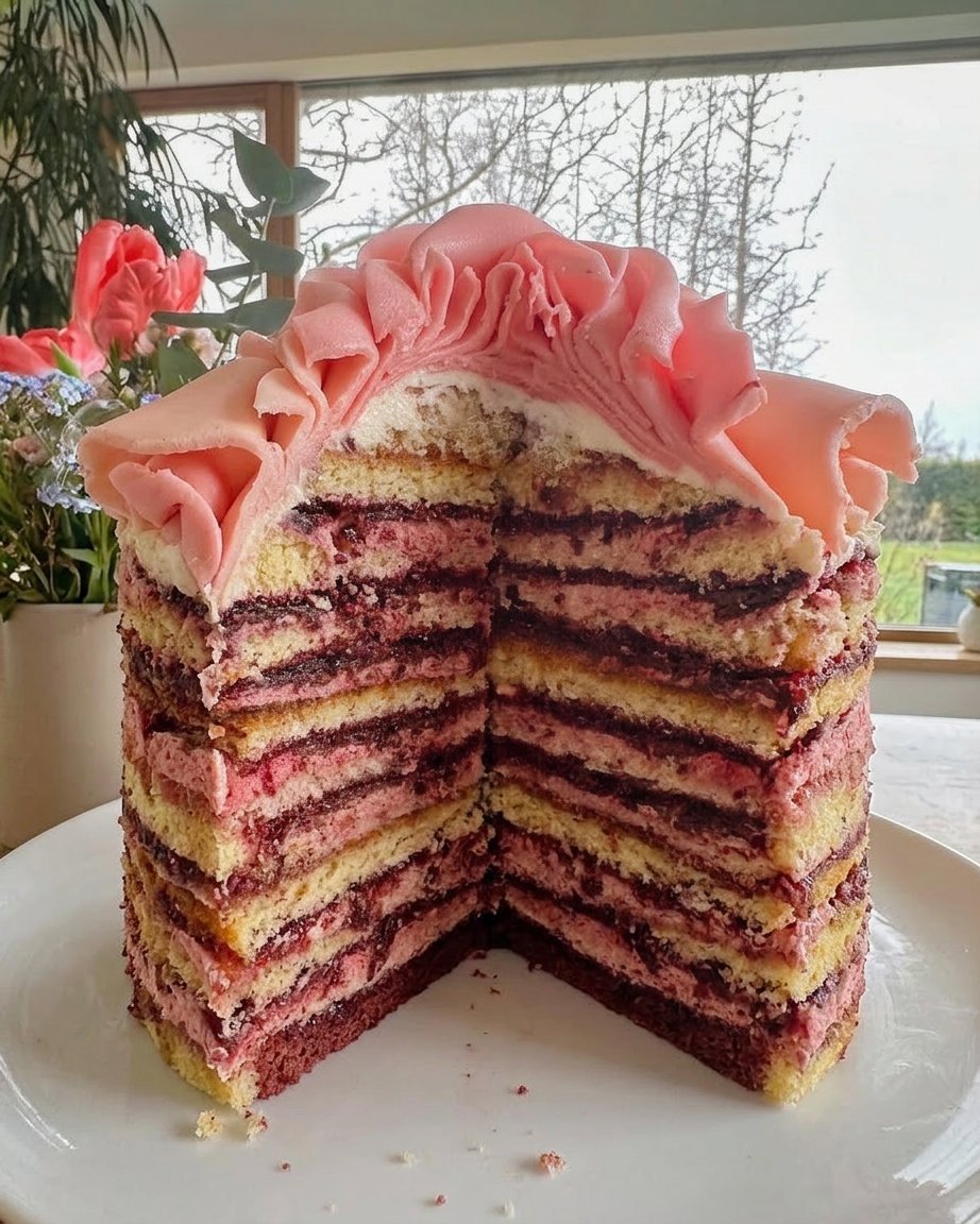 A heart shaped rose cake decorated with fresh pink petals on a vintage lace tablecloth