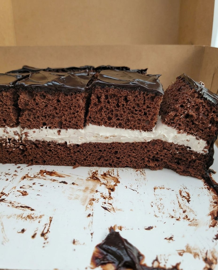 A freshly baked square chocolate cake cooling on a wire rack in a rustic kitchen