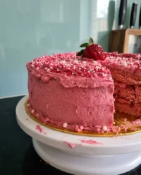 A slice of golden strawberry lemon yogurt cake on a vintage floral plate with a silver fork.