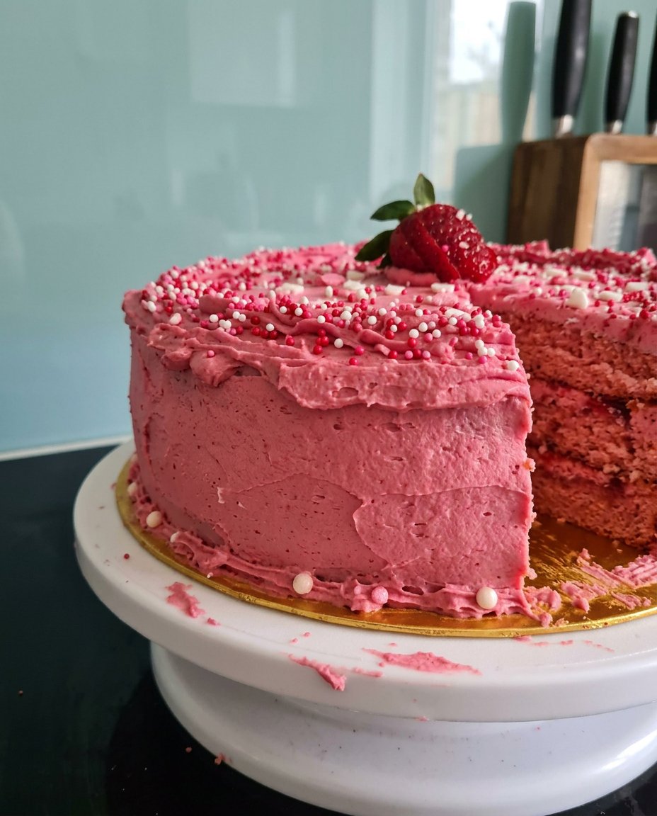 A slice of golden strawberry lemon yogurt cake on a vintage floral plate with a silver fork.