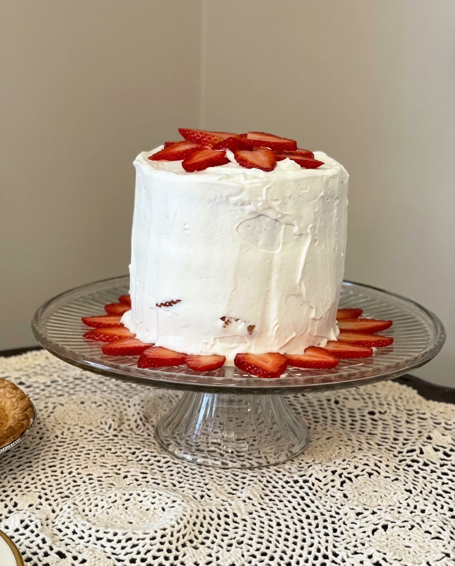 A three-layer pink strawberry cake on a lace tablecloth with a vintage fork.