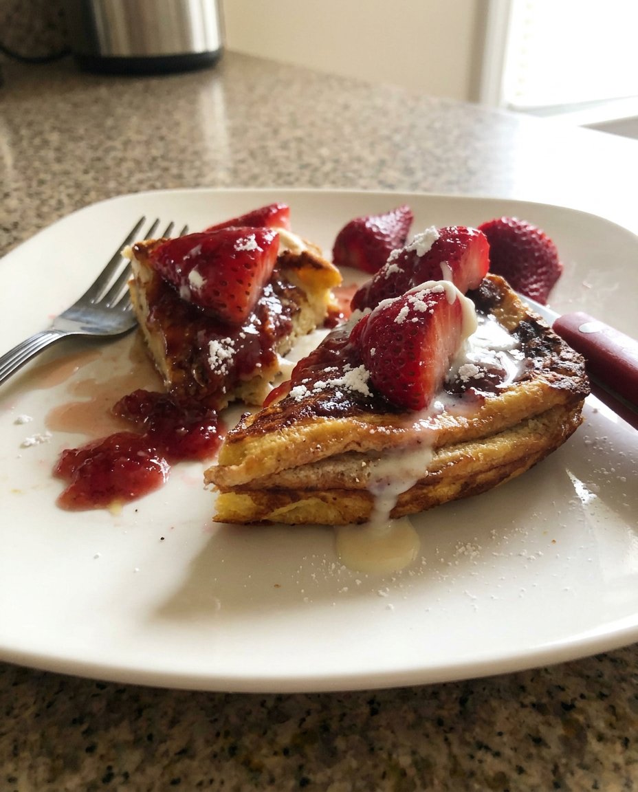 A fresh no-bake strawberry cheesecake resting on a vintage lace doily with strawberries on top.