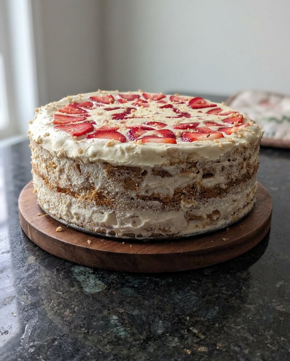 A chilled strawberry icebox cake topped with fresh berries and whipped cream on a rustic wooden table.