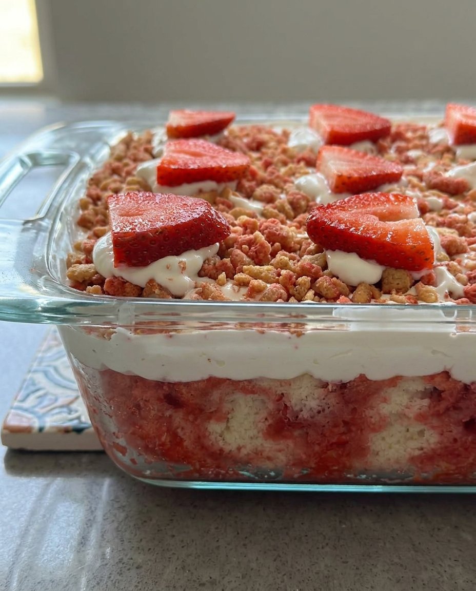 A chilled strawberry poke cake topped with whipped cream and fresh strawberries on a vintage glass stand