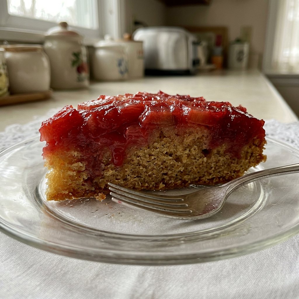 A freshly baked Strawberry Rhubarb Cake 2 sitting on a rustic wooden table in a sunlit kitchen.