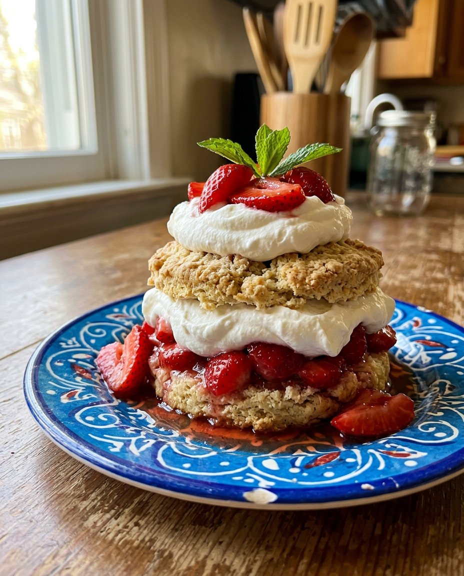 A close up of a traditional strawberry shortcake on a vintage floral plate with whipped cream.