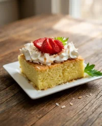 A slice of Strawberry Tres Leches Cake served on a vintage lace tablecloth with fresh berries.